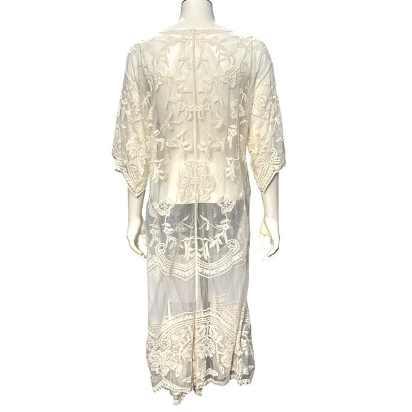 CCC Sheer Ivory Floral Embroidered Long Kimono Cardigan Cover Up Poncho Shawl OS - Picture 3 of 8